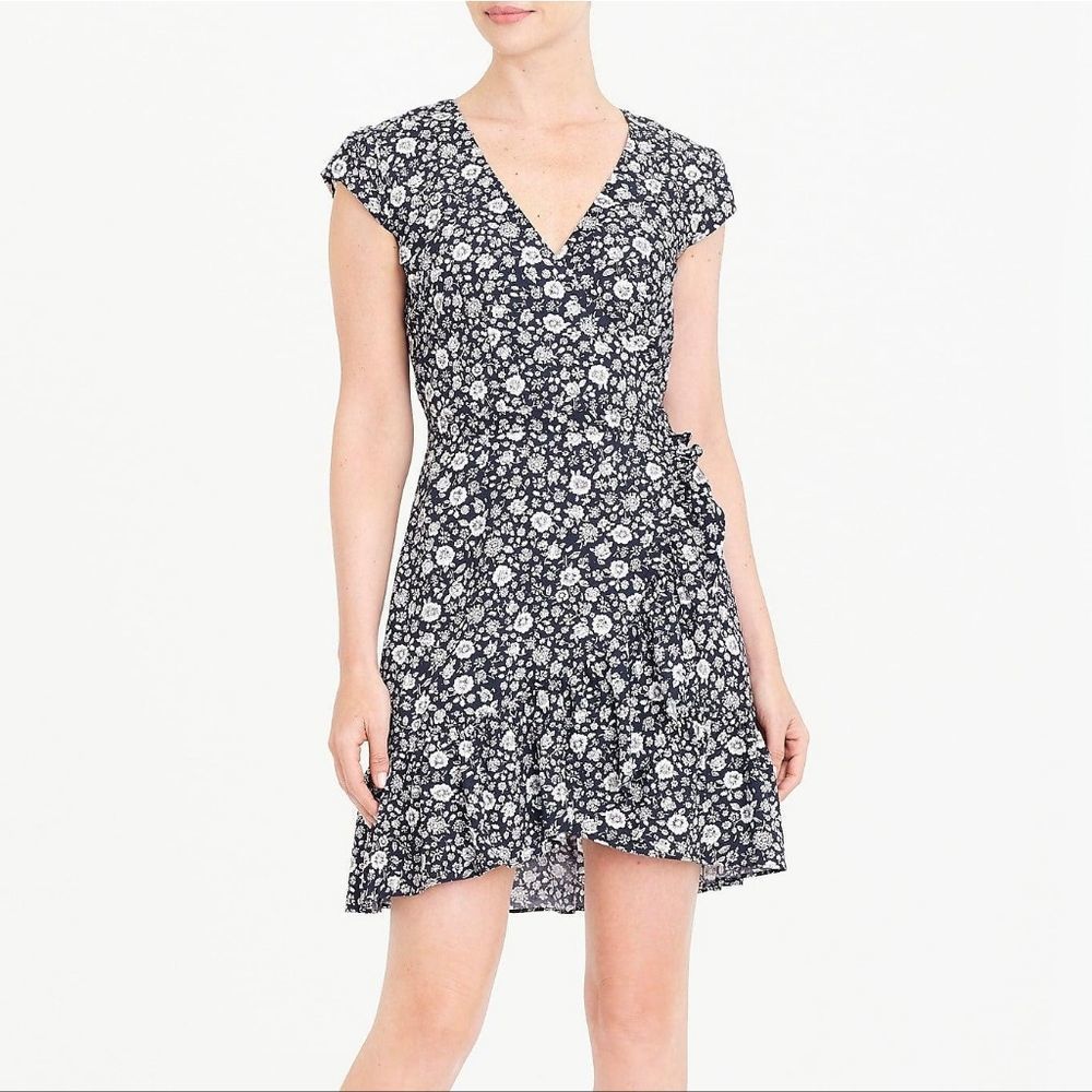J. CREW Mercantile Navy Blue Floral Faux Wrap Dress Size 00